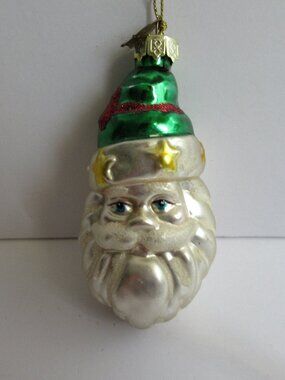 Thomas Pacconi 4" Christmas Santa Head Blown Glass Ornament Green Hat Vtg 2003